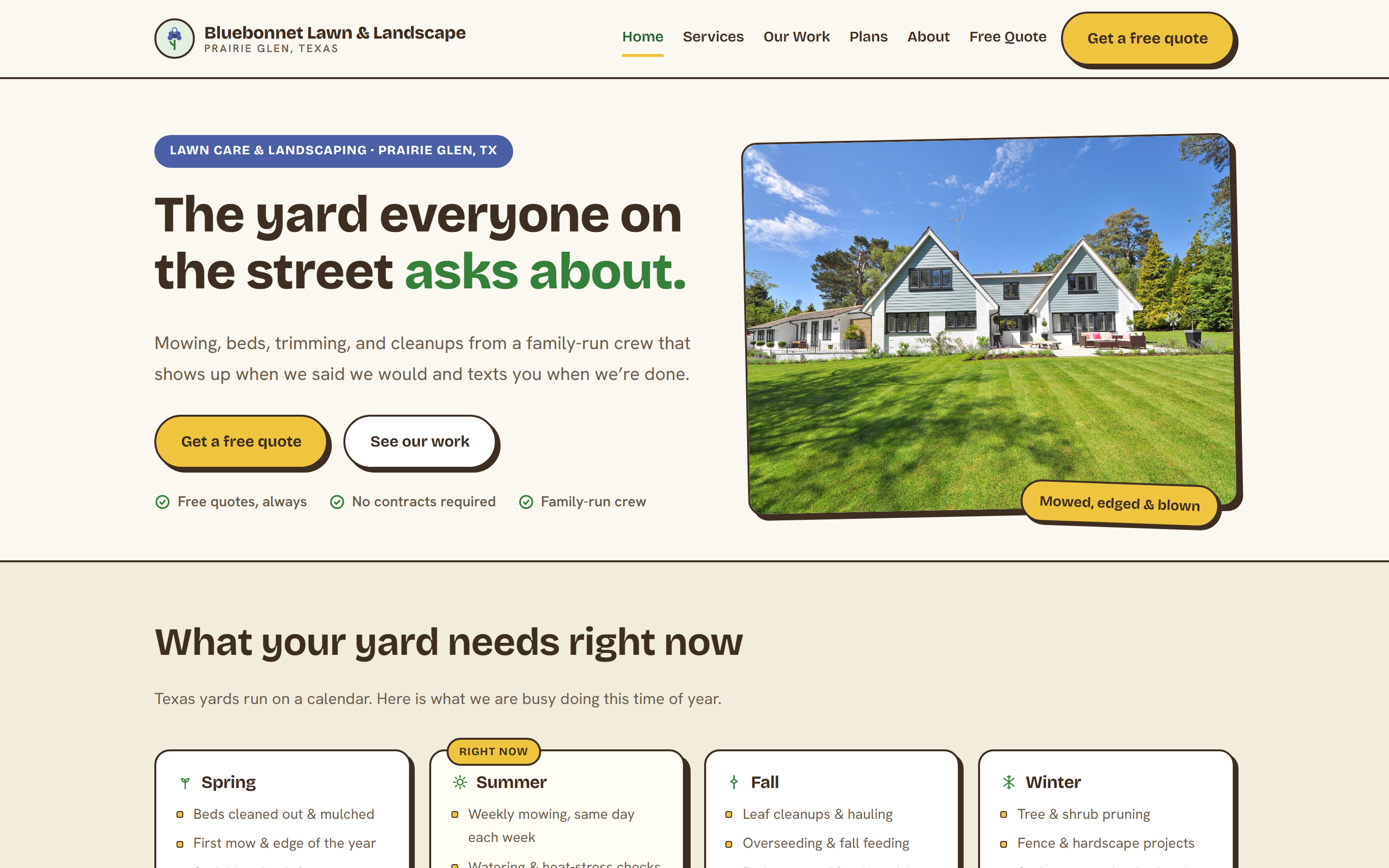 Home page of the Bluebonnet Lawn & Landscape template, a bright energetic design with hard-shadow yard-sign cards, a seasonal task strip, and a cream, leaf-green, and bluebonnet-blue color palette.