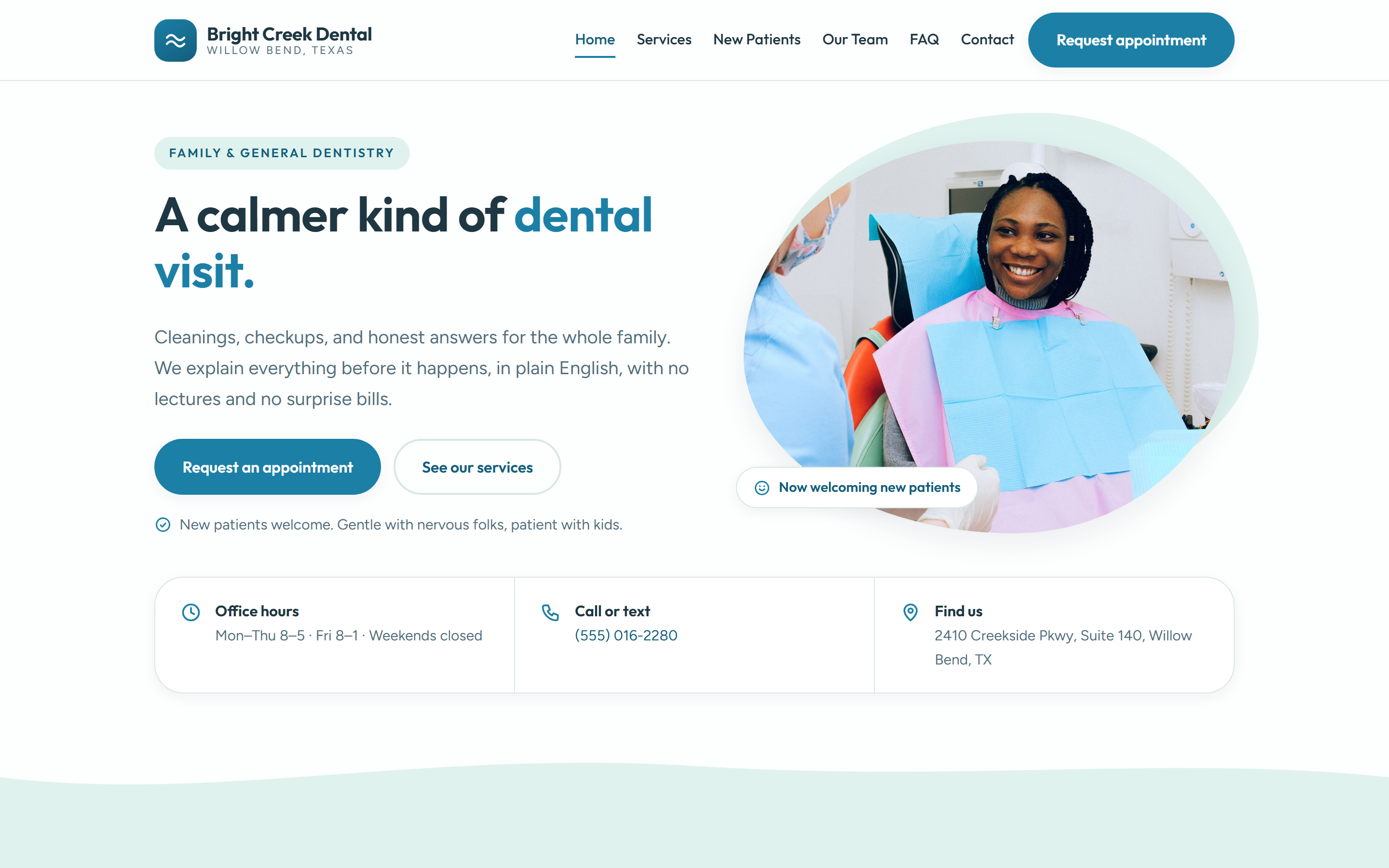 Home page of the Bright Creek Dental template, a calm airy design with a wave-divided layout, rounded blob photo, and a white, mint, and teal color palette.