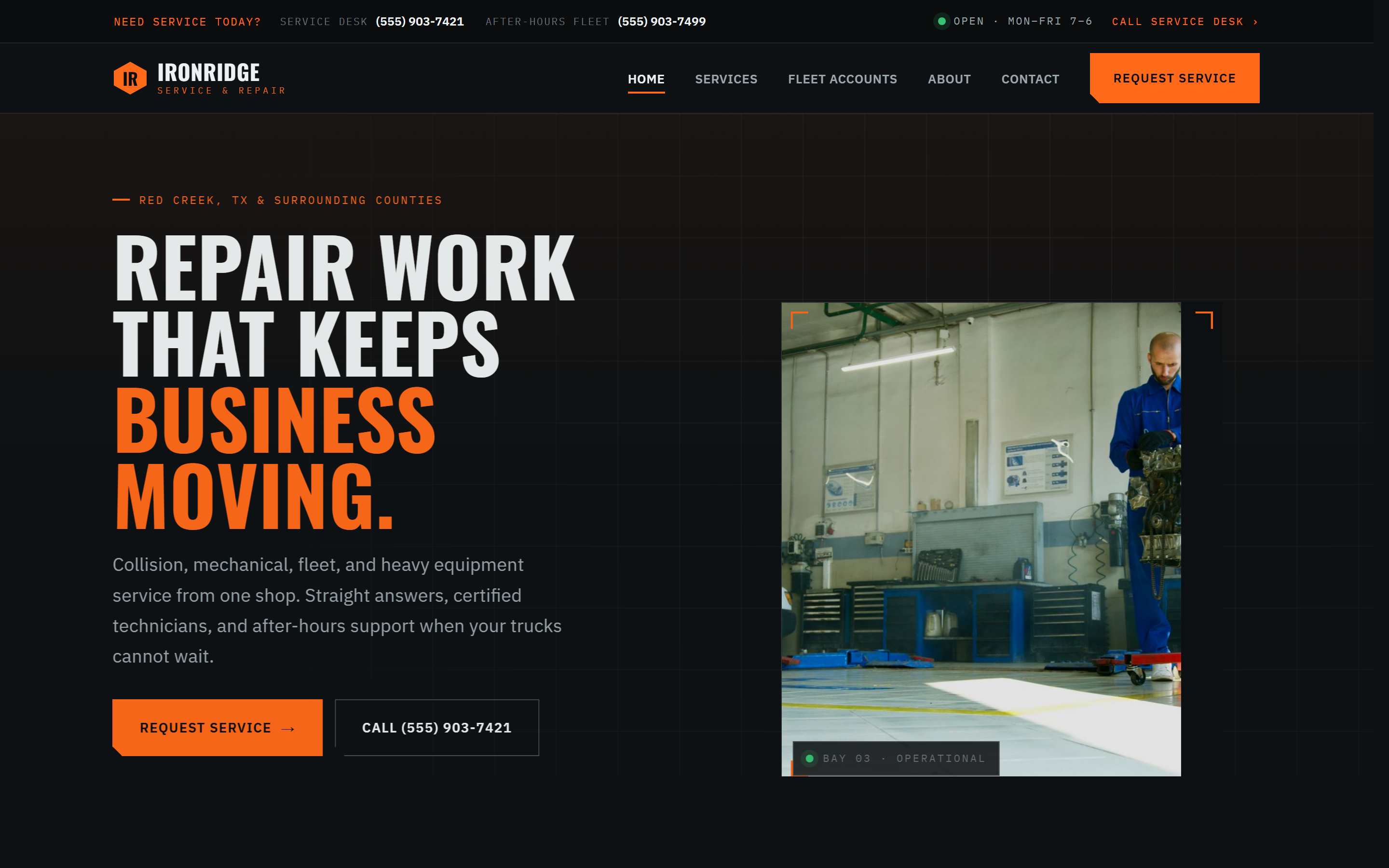 Ironridge design, a rugged look for trades, automotive, and industrial service businesses.
