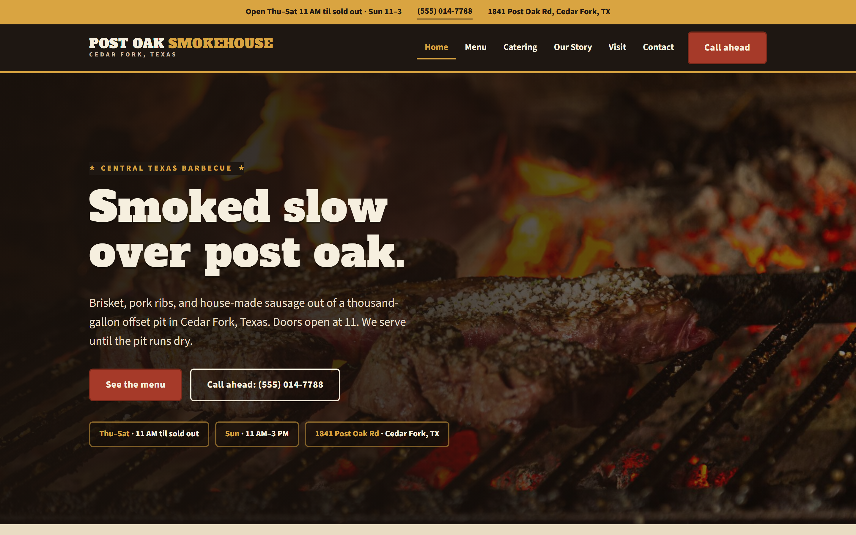 Home page of the Post Oak Smokehouse template, a dark barbecue-pit design with heavy slab type over a fire photo, and a char, kraft, and brick-red color palette.