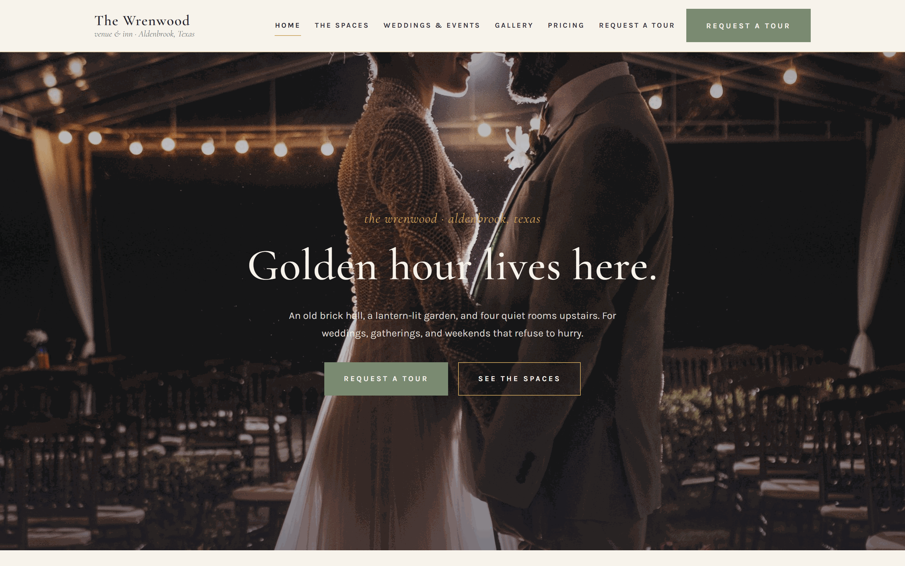 Home page of The Wrenwood template, a romantic full-bleed photo design with a golden-hour hero, chapel-arch photo frames, and an ivory, sage, and dusk-plum color palette.