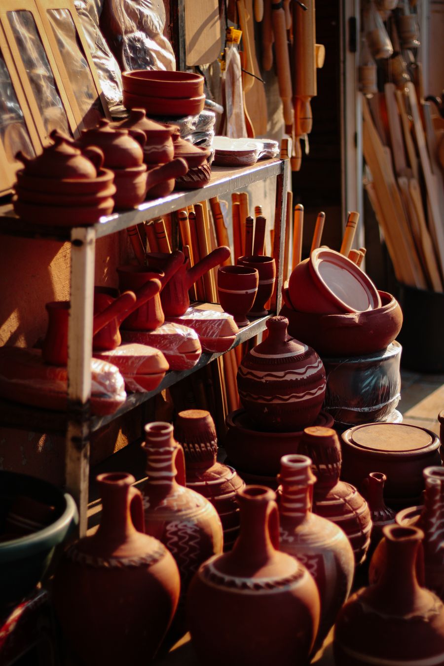 A market stall of handmade pottery